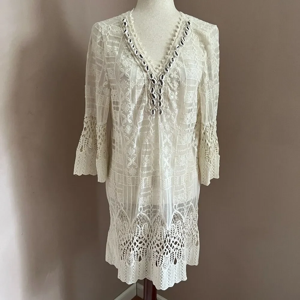 Miho's Italy Lace Crochet Cover Up Tunic Dress Shell Beaded Vacation Euro Summer
